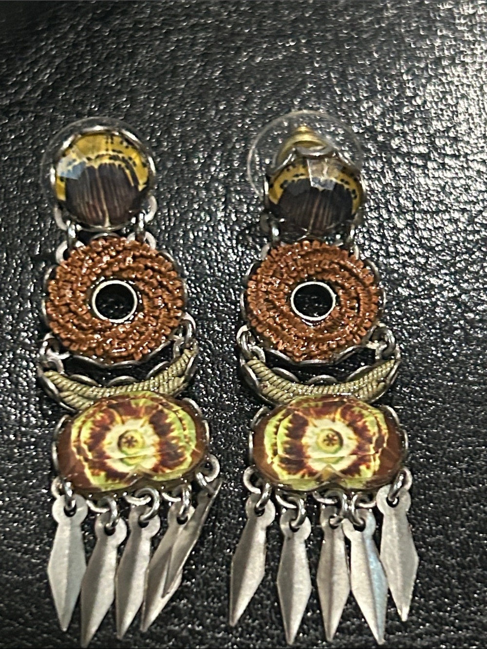 Ayala Bar “Mother Earth” Boho Floral Brown and Silver Drop Earrings